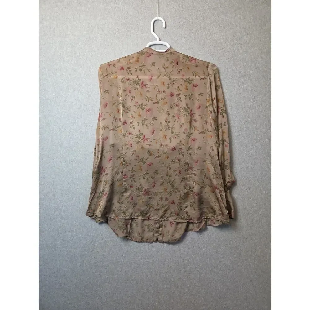 Lauren Ralph Lauren 100% Silk Brown Floral LS Ruffle Jabot Blouse Women Plus 18W - Picture 6 of 11
